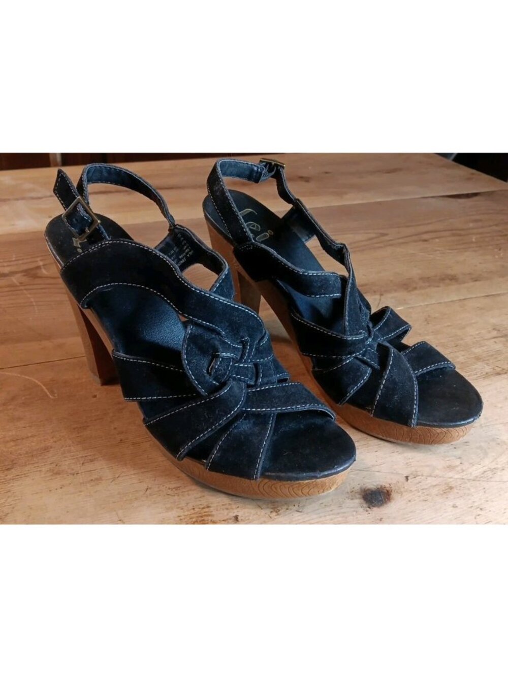 Y2K Vtg Lei Earla Shoe Women 8 Black Faux Suede Platform 4.5" High Heel.Sandal